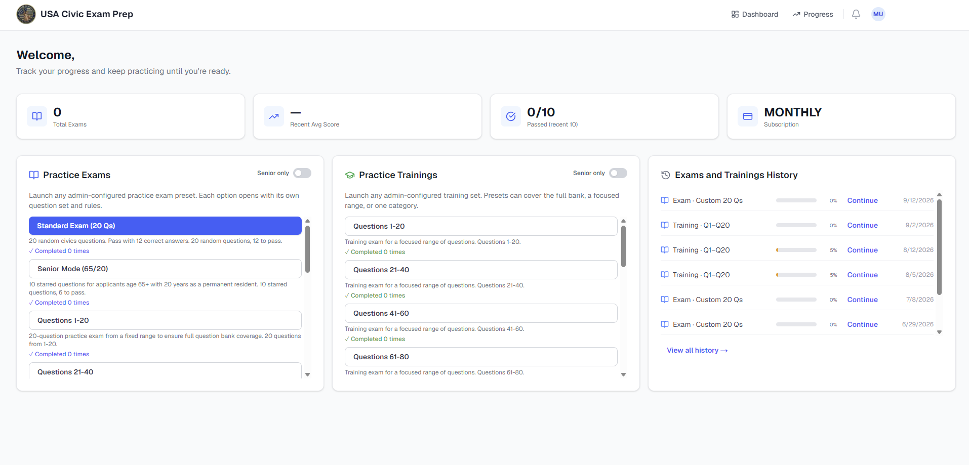 Dashboard showing practice exams, practice trainings, and exam history